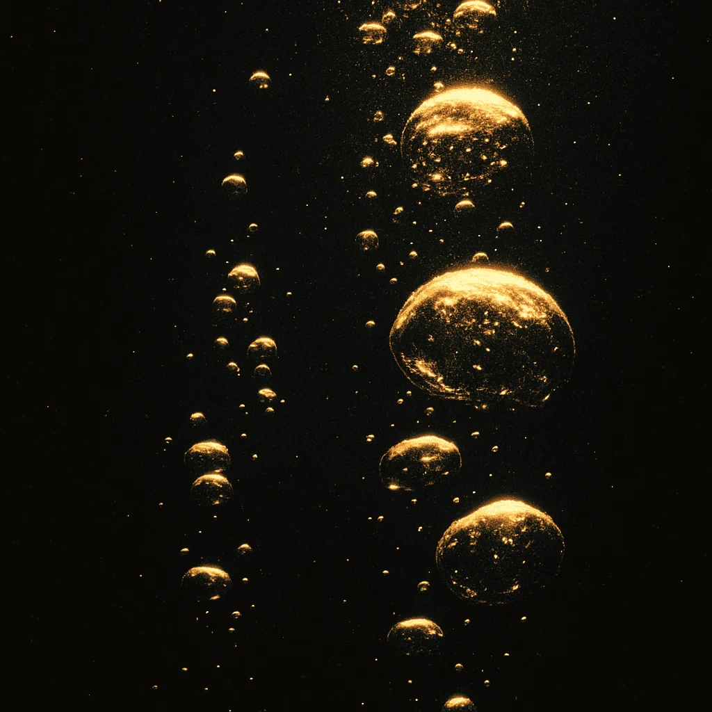 Gold bubbles rising through darkness