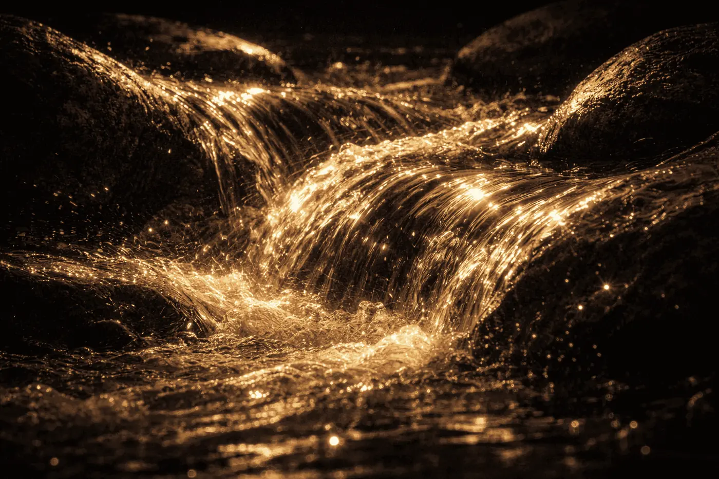 A current of gold light moving over dark water